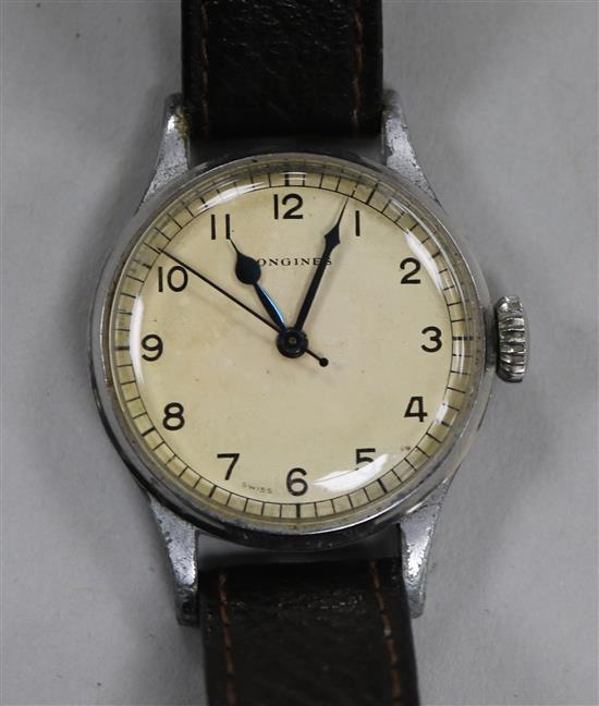 A gentlemans steel Longines military issue manual wind wrist watch,